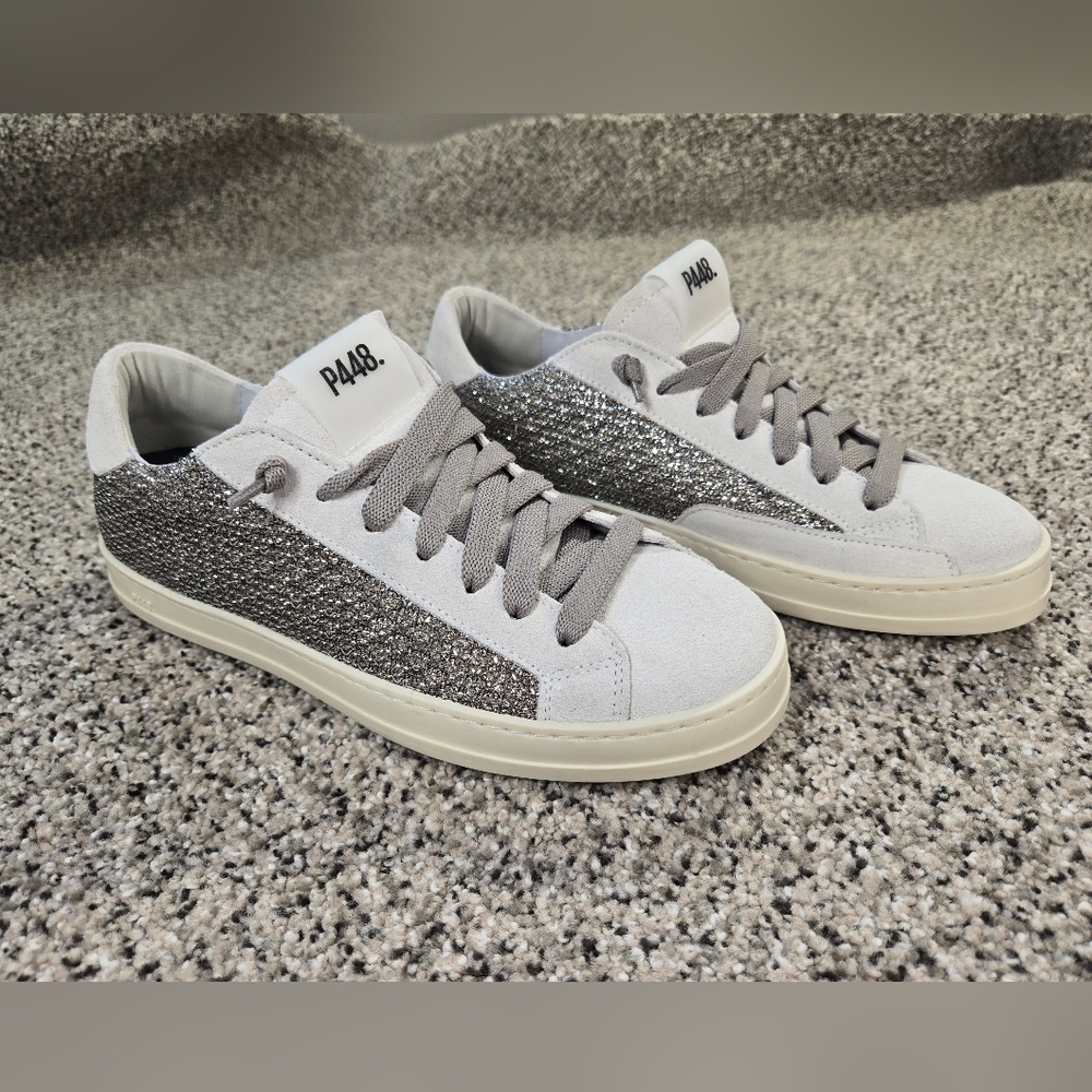 P448 John Felix Silver and Gray Sneakers Size 37 US 7 Womens NWOT High Quality